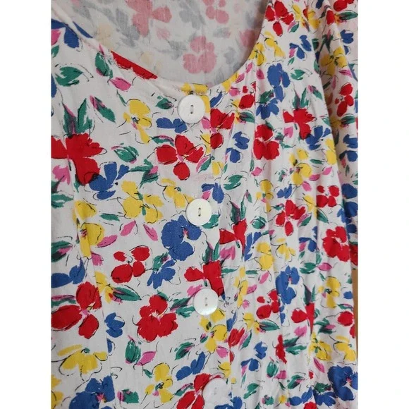 Rixo Floral Linen Blend Sz 14 Puff Sleeve Mini Dress Button Front Feminine Girly - Picture 7 of 10